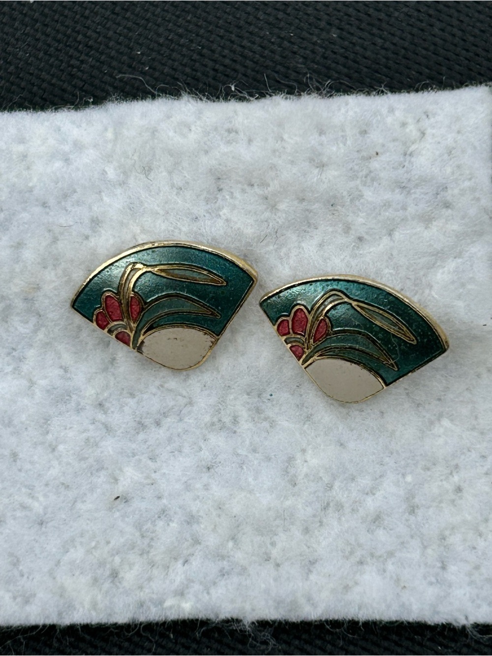 🔥$2 CLOISONNÉ Gold-Tone Green & Red Floral Fan Earrings